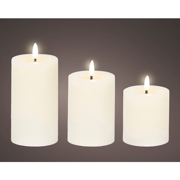Vela de cera led color blanco ø7 cm con diferentes alturas, 3 uds